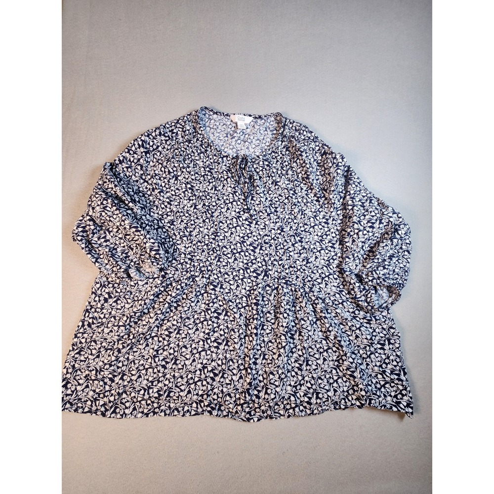 Croft & Barrow Petite PL Navy White Floral Peasant Blouse Tie Neck 3/4 Sleeve